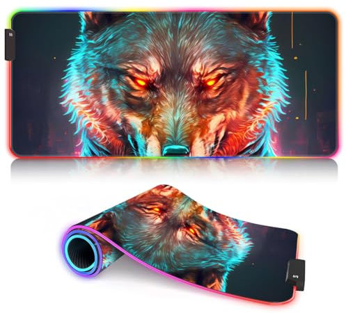 Tapis Souris Jeu RGB XL Grand Tapis Souris Jeu LED 14 Modes d'éclairage 7 Couleurs Surface étanche Tapis Souris pour Clavier étendu pour Ordinateur Gamer Wolf CEO in Suit 30 x 80 cm