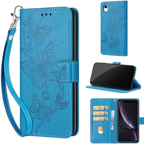 TOMYOU Handyhülle für iPhone XR Hülle, mit [Kartenfach] [Standfunktion] Premium Kunstleder Flip Wallet Case Stoßfesten Handyhülle kompatibel iPhone XR Blau