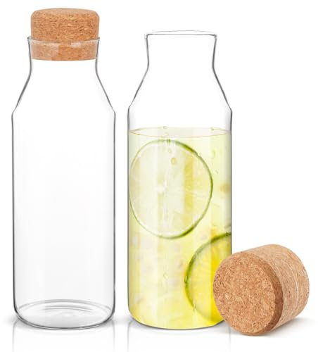 Yitriden 2 Pack Glass Carafe Bottles, 1 Litre Clear Iced Water Pitcher Bottles with Cork Stopper Lid, Glass Fridge Carafe Jars for Hot & Cold Beverages, Juice, Milk, Coffee, Water, Wine
