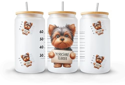 Glass with Bamboo Lid | Yorkshire Terrier | Dog Lover | Bad Dog | Funny Glass | Frosted Glass | 16oz | Libby Glass