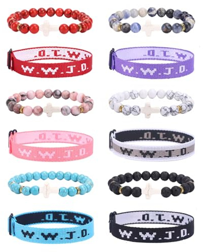 MOZAKA WWJD geflochtenes Seil-Armband, Kreuz-Anhänger, Perlen, Stretch-Armband für Damen und Herren, was würde Jesus tun, religiöser Schmuck, Geschenk, 12 Stück