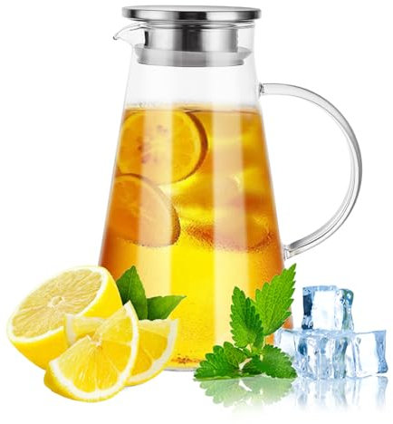 Oungy Jarra de Vidrio de 2 litros con tapa, Botella de Vidrio, Jarra de Cristal para bebidas frías/calientes, té helado, zumo, leche, café