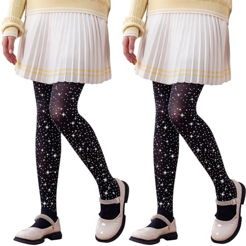 LOLANTA Collant con strass su tutta la superficie per bambine, collant semiopachi scintillanti per danza, feste, spettacoli, 2 paia, Nero, 6-8 anni, M