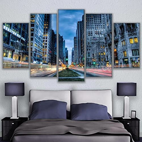 Leinwand Gemälde Chicago-Straßenansicht Nachts 5 Stück Wall Art Painting Wallpapers Poster Print Für Wohnzimmer Schlafzimmer Esszimmer Büro Kinderzimmer Wandbild Home Decor 100 X 50 Cm / 39-5C9C+V9S4