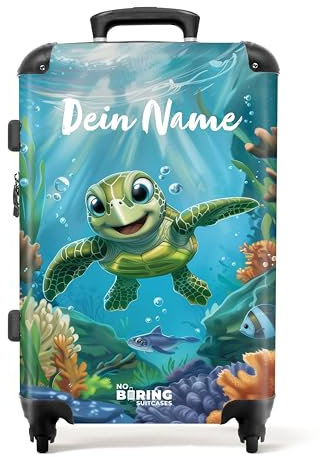 NoBoringSuitcases.com Kinderkoffer, Koffer Personalisiert, Kinder Koffer, Koffer Groß, Koffer Mit Rollen, TSA Schloss, Trolley Koffer Mittelgroß, Koffer Mittel (Schildkröte - Blau, 67 cm - 72 L)