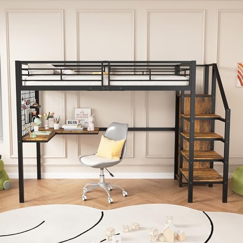 YESGIGA Cama de hierro, litera, cama alta, adecuada para niños y adolescentes, con mesa y armario, escalera lateral con pasamanos, 90 x 200 cm (color negro y madera oscura)