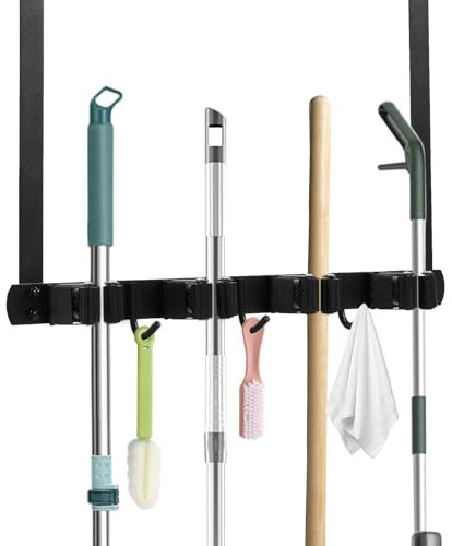 Over Door Broom Mop Holder Wall Mounted Broom Storage with 4 Holders + 3 Hooks Utility Room Storage Solutions Stainless Steel Garden Tool Organiser for Garage Laundry Cupboard