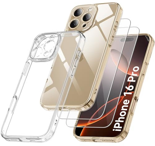 Qasyfanc Camera Cover Case Compatible with iPhone 16 Pro 6.3 with 2 Pack Tempered Glass Screen Protector, Non-Yellowing Shockproof Phone Bumper Cover, Hard PC Anti-Scratch Case Clear