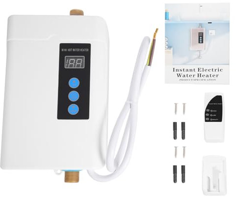 Elektronischer Durchlauferhitzer LED 5000W Warmwasser Heizung mit Fernbedienung mit Auslaufschutz Trockenverbrennungsschutz Überhitzungschutz Batteriebetrieben (Weiß)