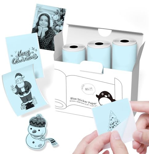 T02/Q02E/M02/M02L Blau Selbstklebendes Thermopapier - 50mm x 3500mm Aufkleberpapier für Fotos, Lernen, Notizen, Tagebücher, DIY, Memos, Öl-und Wasserfest, 10 Jahre Haltbar, 3 Rollen