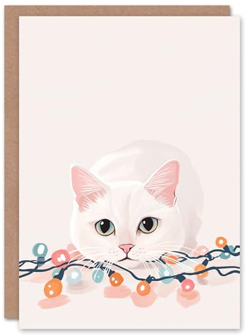 Wee Blue Coo Greeting Card Playful Kitten with Fairy String Lights Cat Lover Blank For Him Or Her Art Xmas Christmas Card