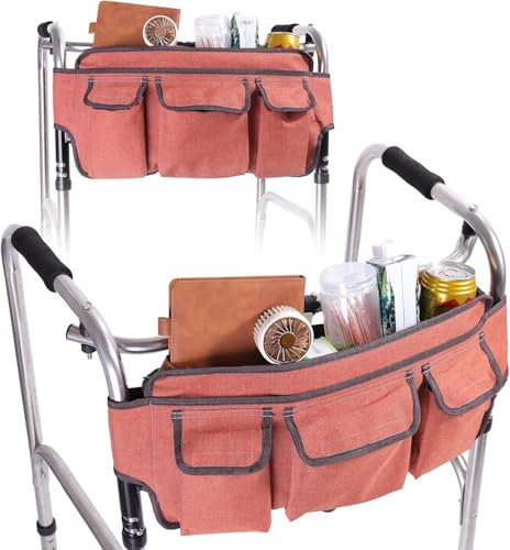 Lefeke Large Walker Tote Bag with Cup Holder, Walking Frame Bag, Walker Basket, Folding Walker Attachment Hands-Free Storage Basket Mobility Aid Accessory Pouch for Elderly(Orange)