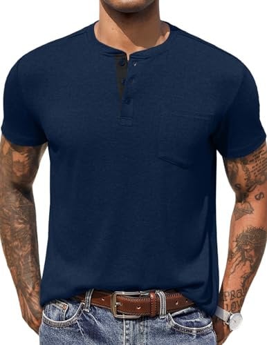 COOFANDY T-Shirts für Herren Henley Einfarbig Herren T Shirt mit Tasche Cool Männer Shirts Kurzarm Lässiges Basic Tee mit Knopf Navy Blau XL