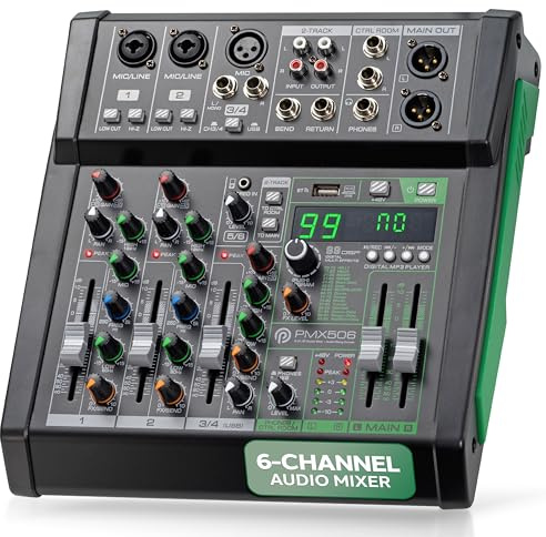 Pyle 6 Channel Audio Mixer - 2 XLR Combo Mic Inputs, Bluetooth Studio Mixer/DJ Controller with DSP Digital Effects, USB-A In with MP3 Player, PC Recording, LED Level Meter, Smooth Dials and Faders