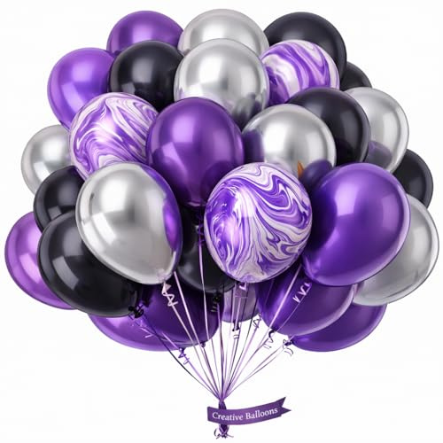 25,4 cm Weiß Silber Schwarz 50 Stück Ballon Pack Weiß Lila Marmor Luftballons Set mit einfarbigen Ballons für Geburtstagsfeier Ballon Dekoration für Hochzeit Babyparty Abschlussfeier