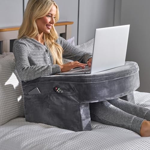OHS Laptop Cushion Tray for Lap, Gaming Pillow for Bed with Multiple Storage Pockets Comfy Convenient Soft Foam Lap Desk Pillow - Grey