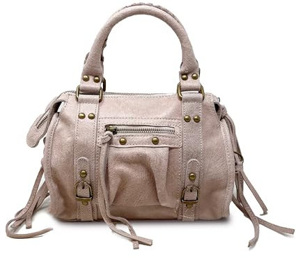 Borsa a Mano Alla Moda Piccola con Tracolla da Donna in Pelle Spatolata con Borchie (Cipria)