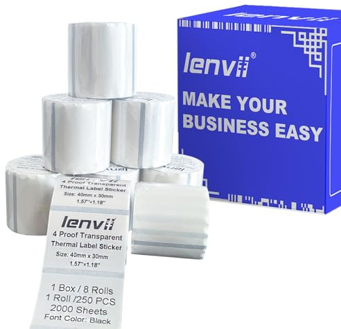 LENVII 40mm x 30mm Thermoetiketten Transparent (1.57 x 1.18) 2000 Stück–8 Rollen ×250 Etiketten–Reißf