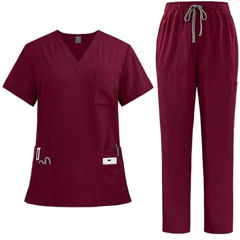 Yunshenla Ensemble Femme 2 Pcs Blouse Medicale et Pantalonde Travail Femme Taille Elastique - Tenue Aide Soignante Uniforme Infirmiere Professionnelle avec Poches et Cordon de Serrage, S 2XL