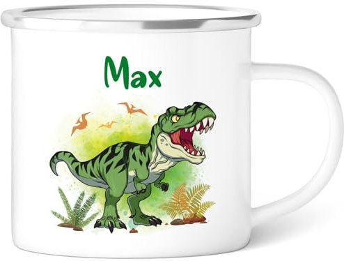 GRAVURZEILE Emaille Tasse für Kinder - Kindermotive - Personalisiert mit Namen - 8 versch. Motive - 300 ml - Trinkbecher für Kinder - Geschenk für Jungen & Mädchen - Farbe: T-Rex