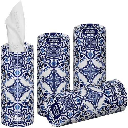 tishoo Hyaluronic Acid-Infused Luxury 4-Ply Tissues | 4 Tubes, Maiolica | Indulgent ultra soft tissues for car cup holders, home & travel. Gentle on skin, gorgeous & giftable | 40 sheets each