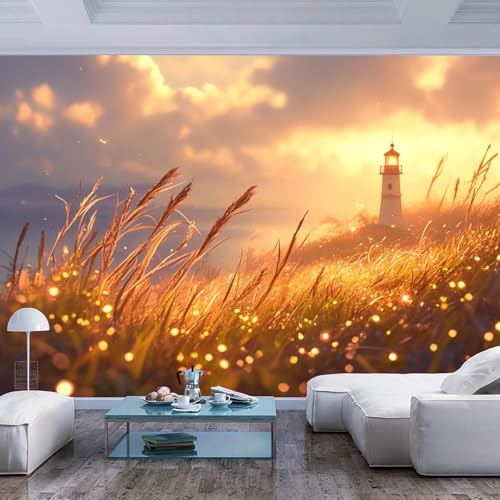 Fototapete 3D Effekt Wandbilder Blinklicht Gras Leuchtturm Landschaft XL Tapete Wandbild Wandbild Bild Tapeten Wandtapete Wand Schlafzimmer Wohnzimmer