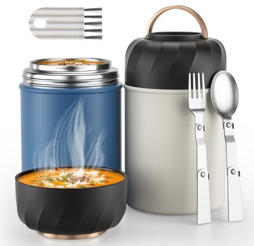 Geltais 2Pcs Thermo Food Flask, Double Walled Vacuum Soup Flask, Insulated Lunch Container with Foldable Fork and Spoon Leak Proof Food Flasks for Taking Homemade Soup for Work/Camping/Road Trips