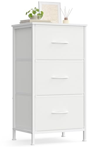 SONGMICS Kommode, Schrank, 3 Stoffschubladen, Aufbewahrungsschrank, Stahl, MDF, Vliesstoff, für Schlafzimmer, Flur, Wohnzimmer, wolkenweiß-schneeweiß LGS313WH01