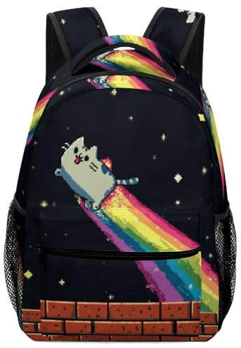PPANGI Schulrucksack für Jungen und Mädchen, niedliche Katze, Regenbogen-Pixel-Kunst, leichter Rucksack, Büchertasche