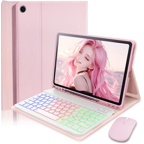 MicroTunk für Samsung Galaxy Tab A7 (2022/2020) 10.4 Zoll Hülle mit Kabelloses Bluetooth Beleuchtete Farbige Deutsch Tastatur (QWERTZ) und Maus, Backlit Keyboard Case Rosa