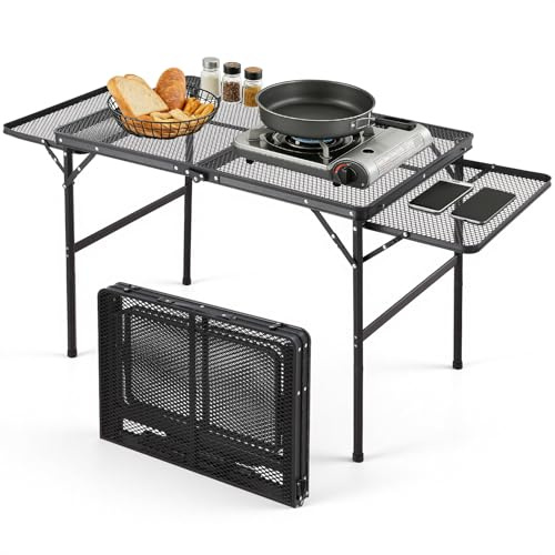 Warmiehomy Table de camping pliante portable en aluminium avec 2 panneaux d'aile, table de gril en métal réglable en hauteur pour camping, pique-nique, randonnée, camping-car, barbecue, 135 x 60 x 42