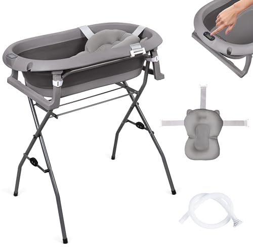 moovkee. Baby Badewanne mit Gestell 80cm – Babybadewanne Faltbar Dunkelgrau | mit Thermometer, Badekissen und Abflusssystem - Babywanne mit Ständer Sicher für Ihr Neugeborenes