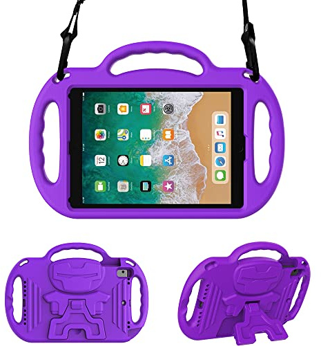 Surom Kids Case for iPad 9.7 2018/2017 - Light Weight Shockproof Handle Stand Case Cover with Shoulder Strap Lanyard for iPad 9.7 2018/2017/iPad Air/iPad Air 2 - Purple