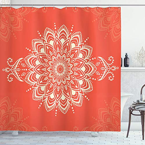 ABAKUHAUS Mandala Duschvorhang, Cosmos Konzept Mandala-Kunst, Stoffliches Gewebe Badezimmerdekorationsset mit Haken, 175 x 200 cm, Orange Elfenbein