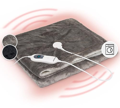 KLARSTEIN Dr. Watson - Couverture chauffante, Plaid Chauffant, Couverture électrique Commande Amovible, Nettoyage Facile, Lavable en Machine, 120 Watts, 180 x 130cm - Gris crème TeddyPlush