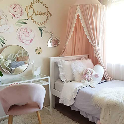 Naturer Rosa Betthimmel Baldachin für kinderzimmer mit Spitze Moskitonetz Babybett Kinder Mosquito Net Babys Bett Chiffon Hängende Moskitons Babyzimmer Deko