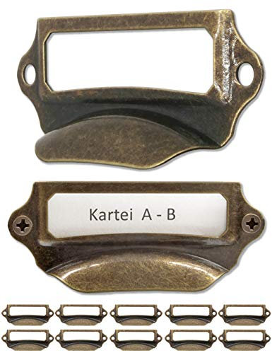 Fuxxer® 10x Etiketten-Fenster, Metall-Griffe in Antik Messing für Schubladen & Archivierung (90 x 40 mm)