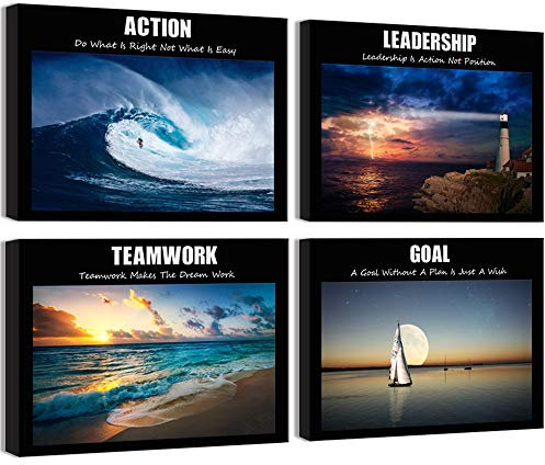 Visual Art Decor Große Motivation Teamwork Führung Action Ziel inspirierende Zitate Leinwand Wandkunst Ozeanwellen Meer Meereslandschaft Bild Drucke für Home Office Wanddekoration Set von 4 fertig