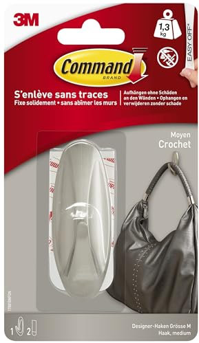 Command Designer-Haken, selbstklebend, gebürstetes Nickel - 1 Haken und 2 mittelgroße Klebestreifen - ideal zum Aufhängen von Taschen und Kleidung – für Wand oder Tür, ohne Bohren, hält bis zu 1,3 kg