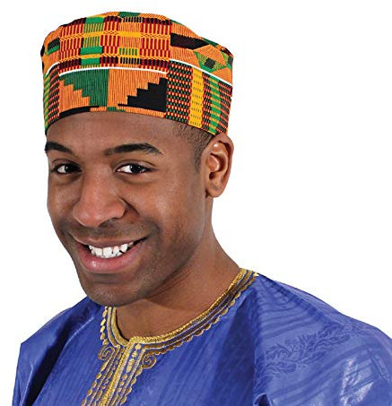 Shophaven Afrikanische Kente Kufi Hut, Kofi, Ankara Cap, Männer Hut, Chor, Orange/Abendrot im Zickzackmuster (Sunset Chevron), Einheitsgröße