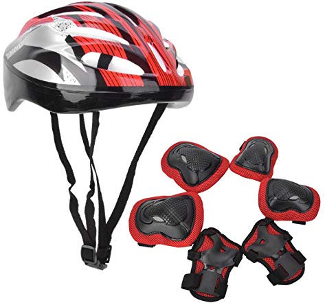 Set Protezioni per Adulti, gomitiere + + Casco 7 Pezzi Set Protezioni, Ginocchiere per Pattini a rotelle Scooter(Red, Adult Models)