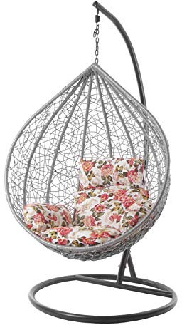 Kideo® Komplettset: großer Hängesessel mit Gestell & Kissen, Lounge Möbel, Poly-Rattan, XXL, grau (Kissen: geblümt Nest (3762 summergarden))