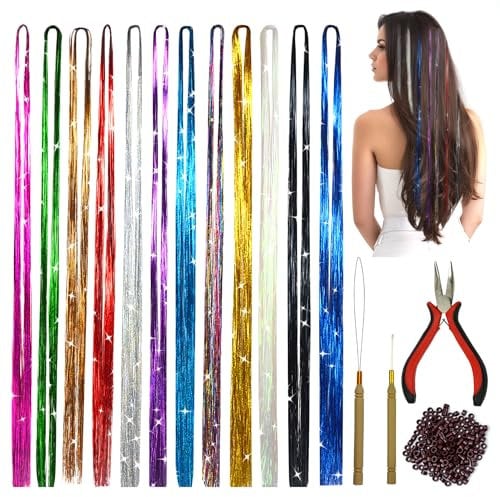 Haar Lametta Stränge Kit mit Werkzeugen 47 Zoll 12 Farben 2400 Stränge Glitzer Haarteilen für Haarverlängerungs