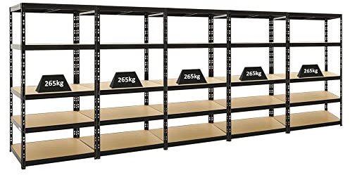 PROREGAL Mega Deal 5X Schwerlastregal Tiger Schwarz 180x90x60 cm mit Fachlast 265kg Garagenregal Kellerregal Werkstattregal Lagerregal Steckregal