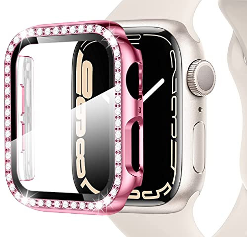 Miimall Funda Compatible con Apple Watch Series 8/7 41mm 45mm, Funda de PC con Bling Diamond para Mujer [Protector de Pantalla Vidrio Templado], Carcasa Protectora para iWatch Series 8/7-Rosa