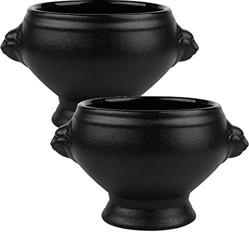 TAMUME Matt Finish Porcelain Soup Bowl with Handles, Lion's Head Style for French Onion Soup, Set of 2 (Black *2)