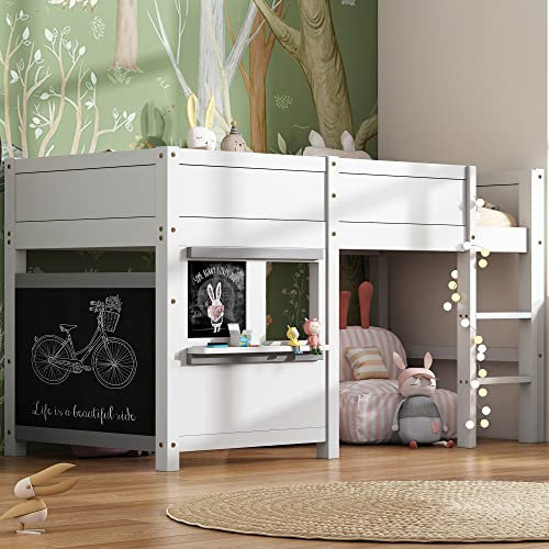 Kayan Hausbett Kinderbett Spielbett Etagenbett mit Zwei Brettern graffitifähig mit Kleiner Ablage 90x200 weiß