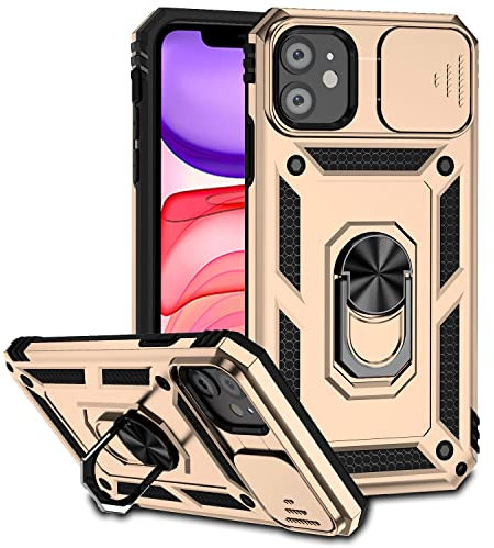 Hitaoyou iPhone 11 Hülle, iPhone 11 Hülle mit Kameraabdeckung & Ständer Militärqualität Stoßfest Heavy Duty Schutz mit magnetischer Autohalterung Handyhüllen für iPhone 11 6.1'' (Gold)