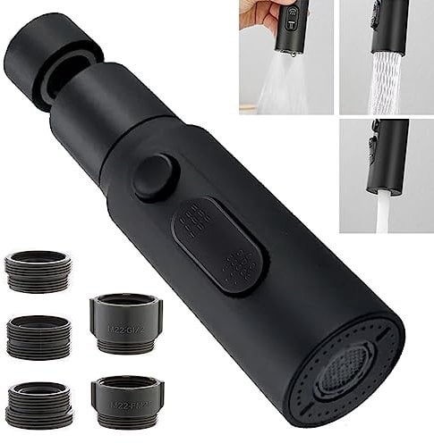Aeratore Rubinetto Spruzzatore, Prolunga Rompigetto Nero Doccetta Estraibile Rubinetto Cucina Bagno, 360° Girevole Filtro per Risparmio Idrico, con Adattatore Filettato per M22 a M20,M22,M24,G1/2,FM20