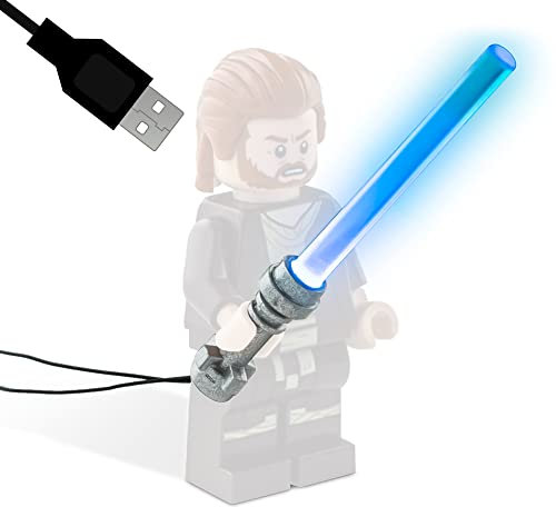 Movoja Laserschwert mit LED und USB Anschluss | Kompatibel mit Star Wars | 80cm Kabel super Dünn | Für Minifiguren | Silberner Griff | (Blau, 80cm)
